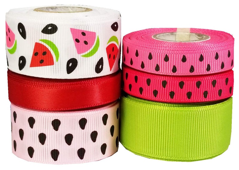 3/8-7/8" Watermelon Prints Grosgrain Ribbon for Gift Package Wrapping, Floral Design, Hair Clip, Sewing, Party Decor...(30yd (6x5yd) 3/8"-7/8" Watermelon Printed Ribbon Combo)